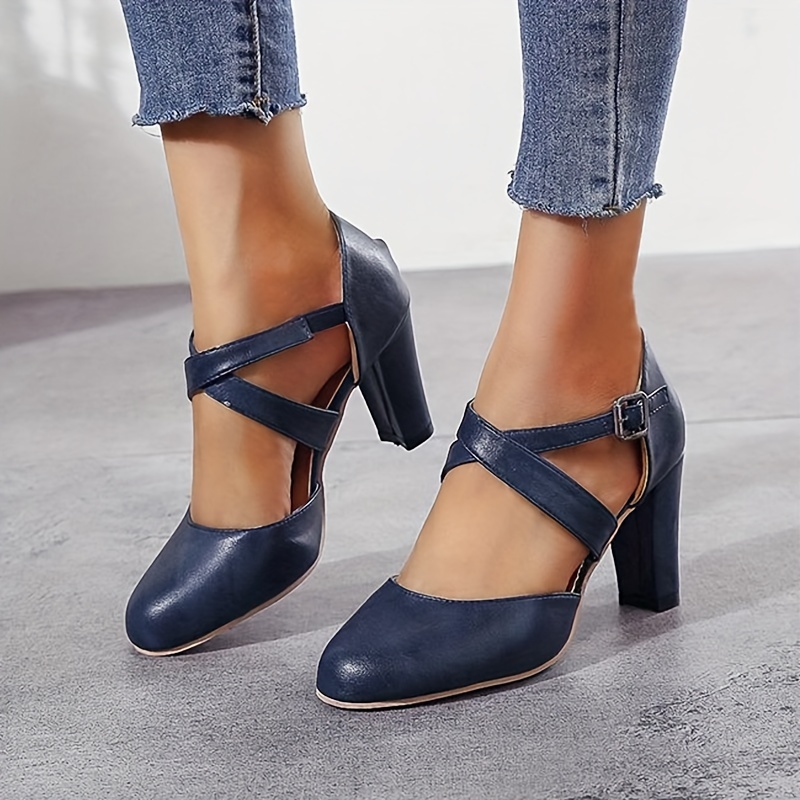 women s solid color block heels fashion buckle strap dress details 0