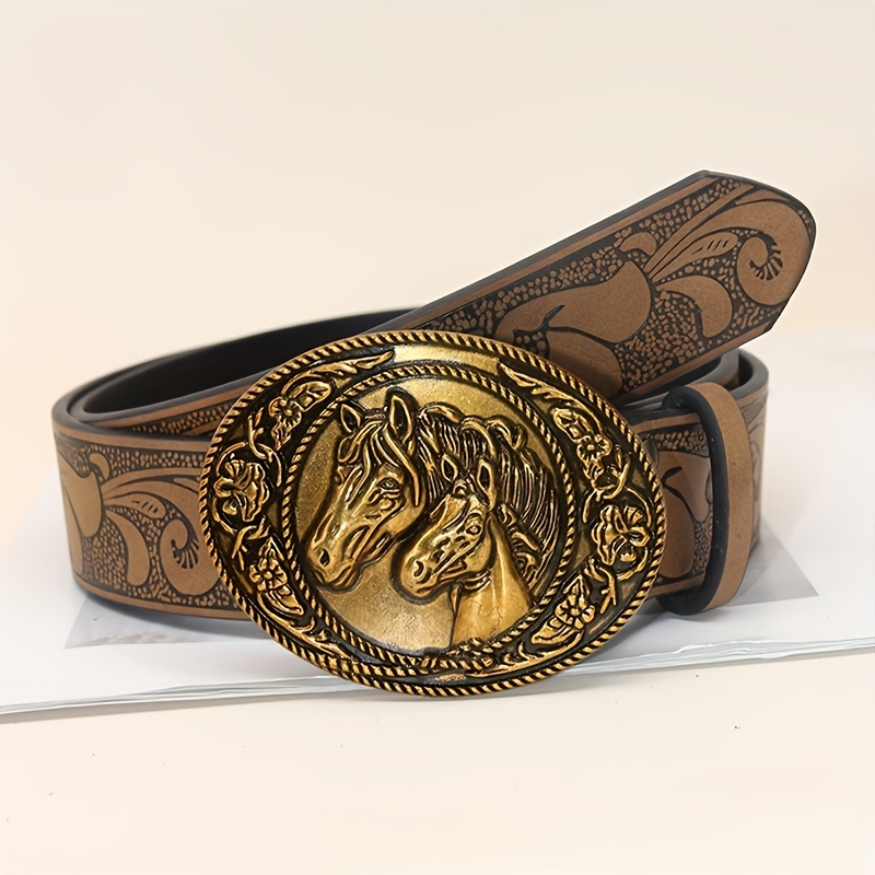 TEMU 1pc Western Vintage Pu Belt With Golden Buckle - Brown Retro Pu Waist Belt Suitable For Casual Outfits, Parties, Festivals, Western-themed