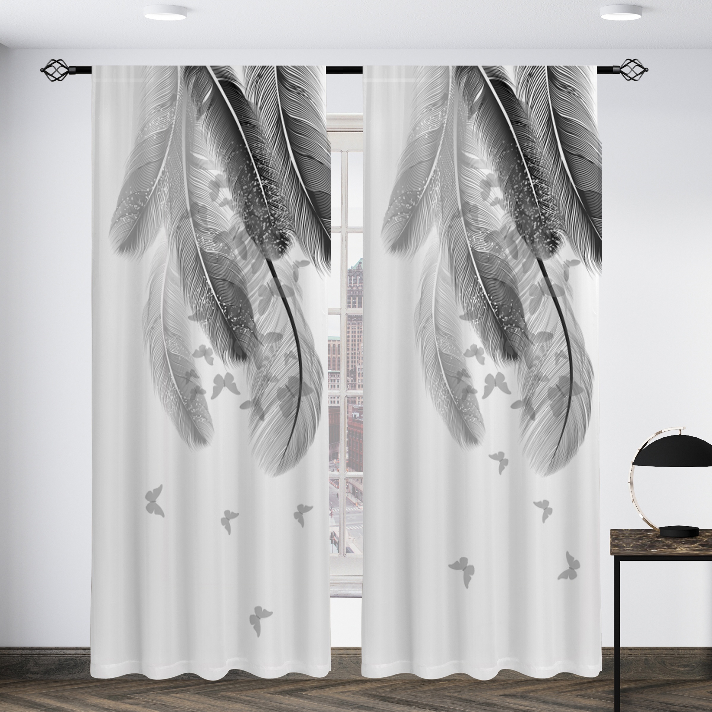 TEMU [Lieferung] 2er-Set, graue, gefiederte, durchsichtige Vorhänge mit Druck, Polyester-Stangen-Vorhänge für Wohnzimmer, Spielzimmer, Schlafzimmer,
