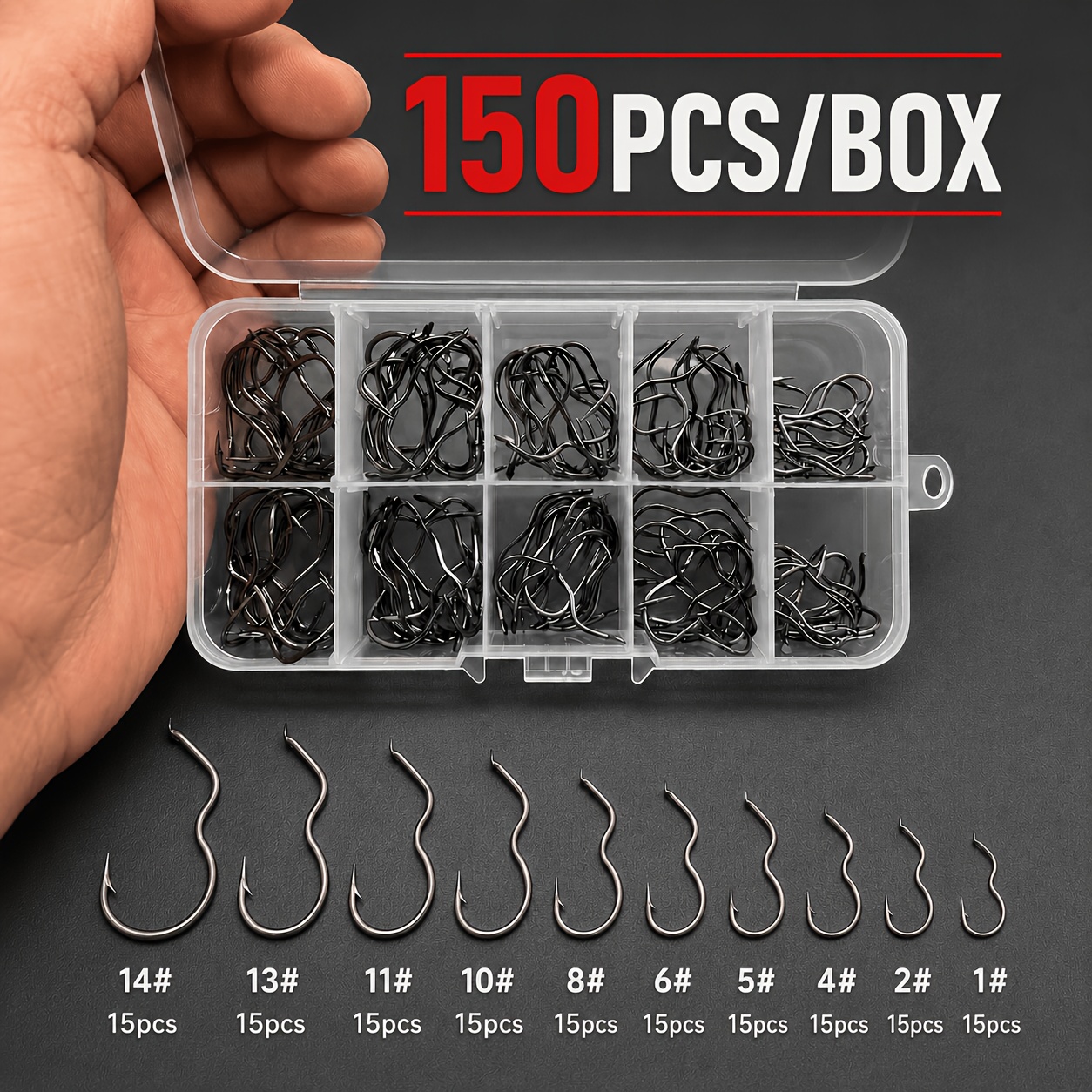 TEMU 150pcs Automatic Flipping Fishing Hooks Set, Sizes 1-14 Assorted Reverse Barbed Fish Hooks, Sharp And Strong, Designed To Reduce Fish Escape,