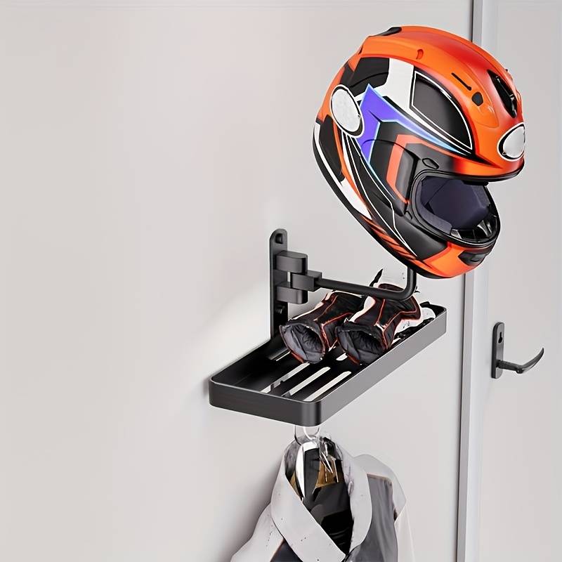 Supporto A Parete Per Casco Moto In Legno E Metallo – Con 4 Clip Per Guanti E Barre Appendiabiti