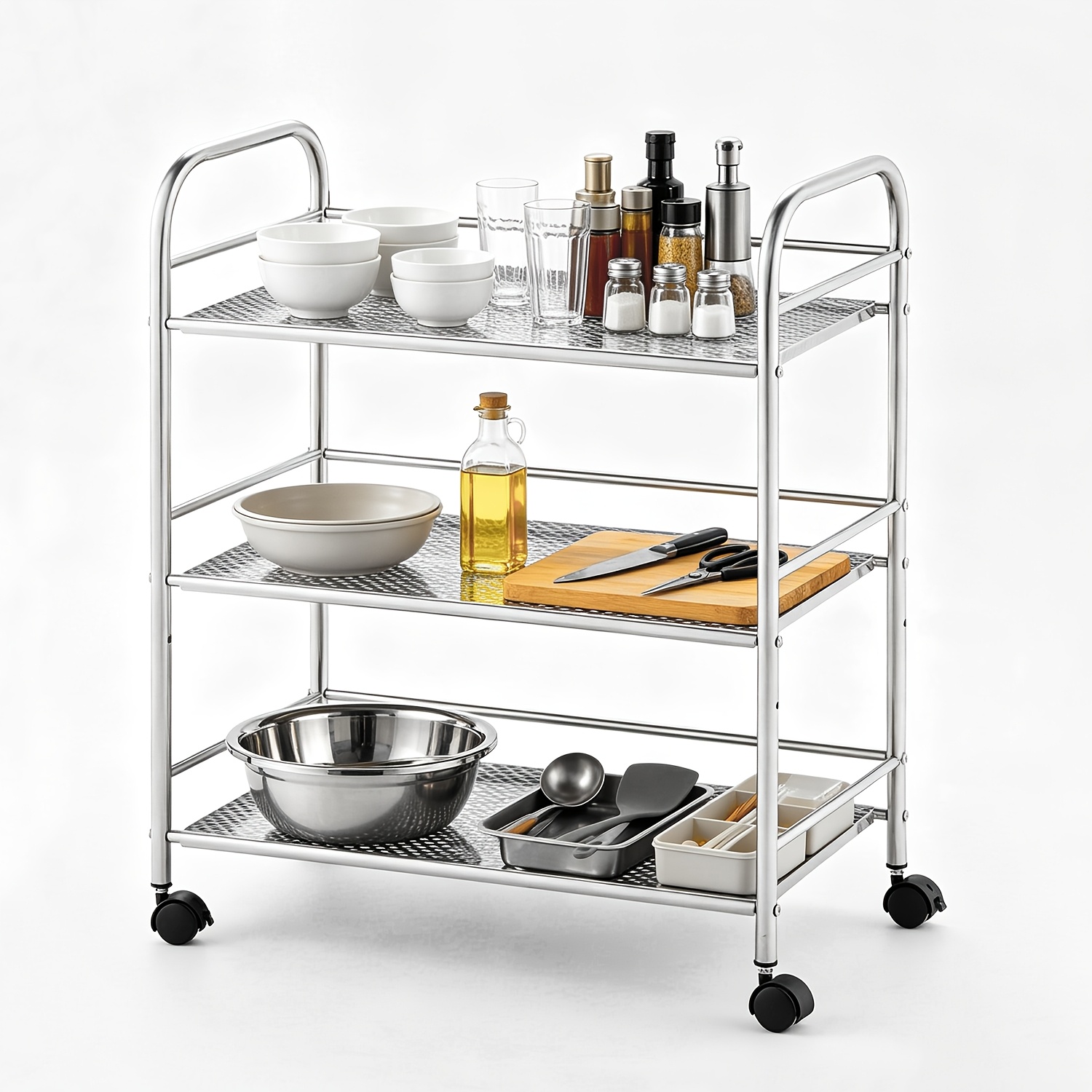 3 Tier Stainless Steel Kitchen Utility Cart | Catering Serving Trolley With Locking Wheels And Handle, Suitable For Professional Restaurant & Home Kitchen Use