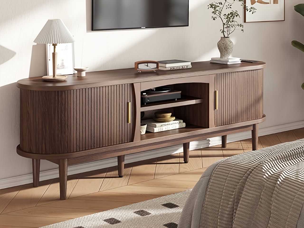 68 Inch Mid-Century TV Stand for TVs Up to 70 Inch, Entertainment Center with Storage, Power Outlet, Recessed Sliding Doors & Adjustable Shelves, Modern Media Console for Living Room, Housewarming Gift