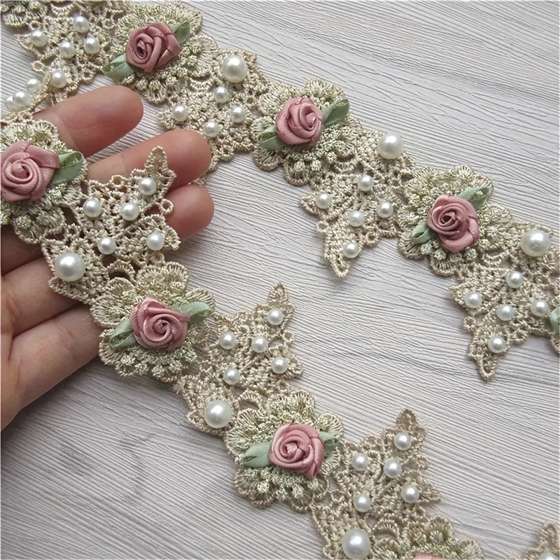 Image of 0.46m Pearl Rose Trim Embroidered Lace Ribbon Fabric Sewing Craft, For Clothing Decoration