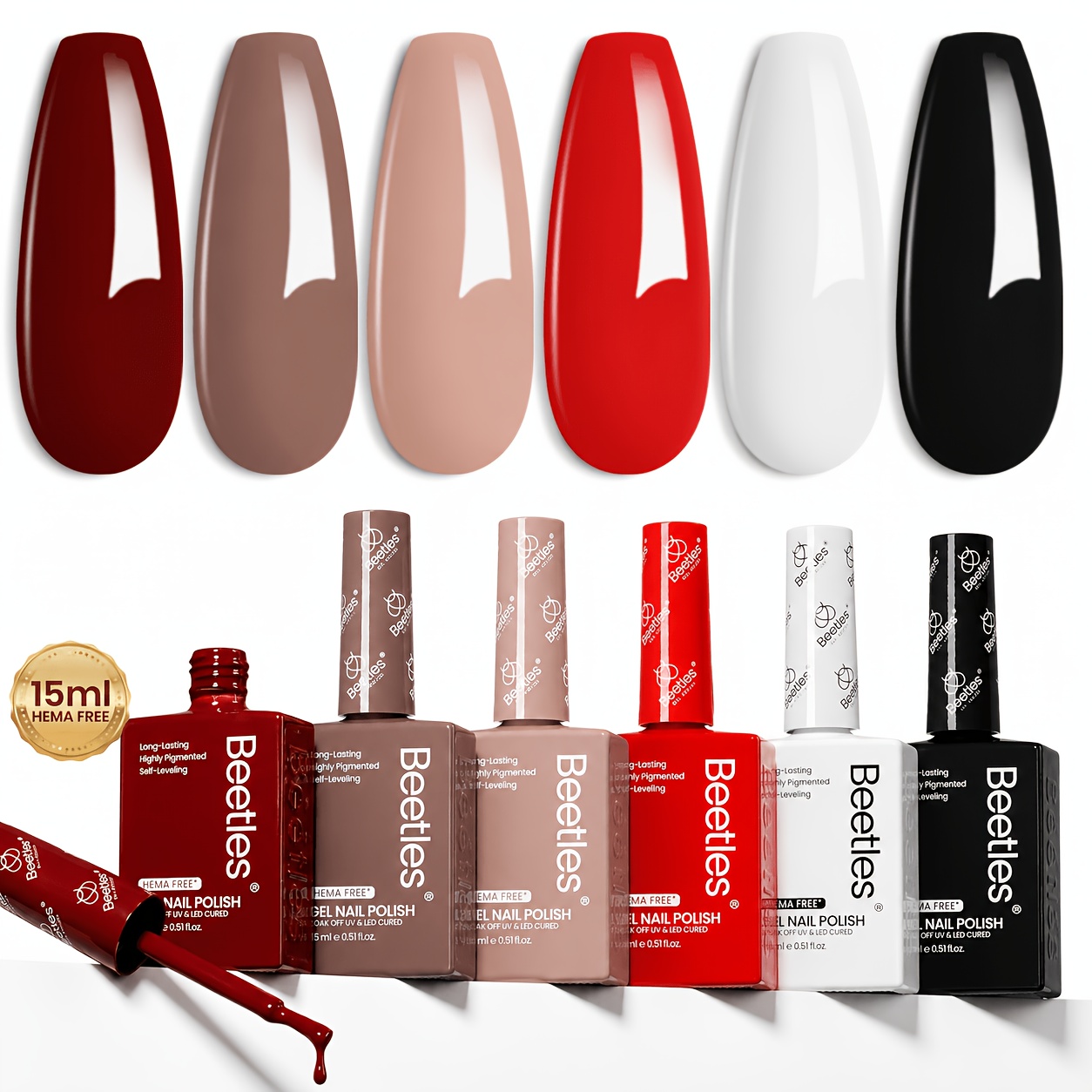 TEMU Beetles -free Gel Nail Polish Set - 6 Colors 15ml Full Size Brown Burgundy Black White Red Nude Soft Polish Soak Off Led Lamp Nail Colorful