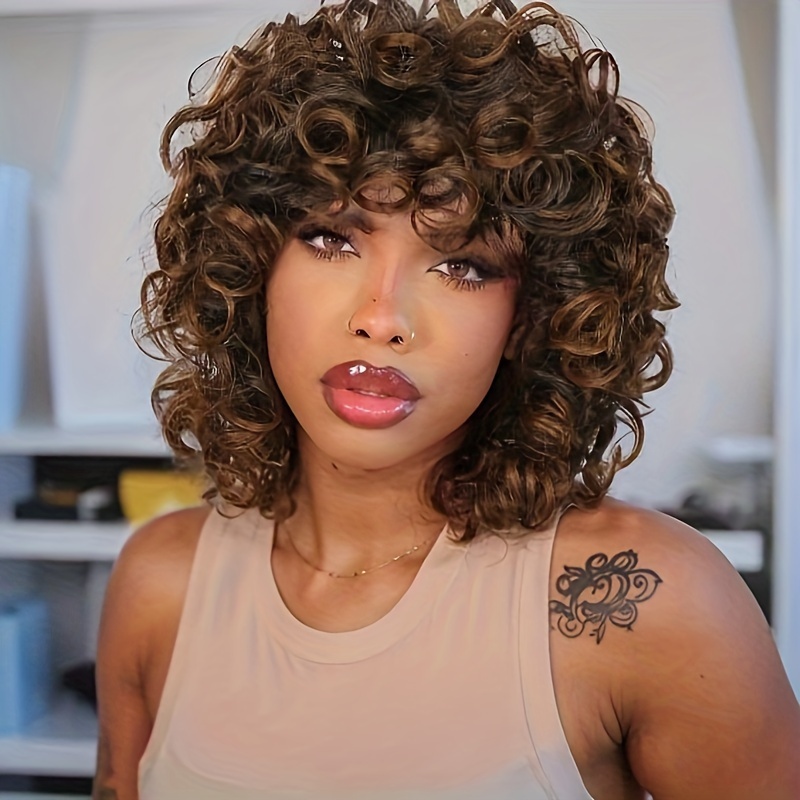 

Short Big Curly Bob Wig With Bangs Big Bouncy Hair Wig For Women Synthetic Fiber Short Loose Curly Wig Perfect For Daily Life Wear Party Use