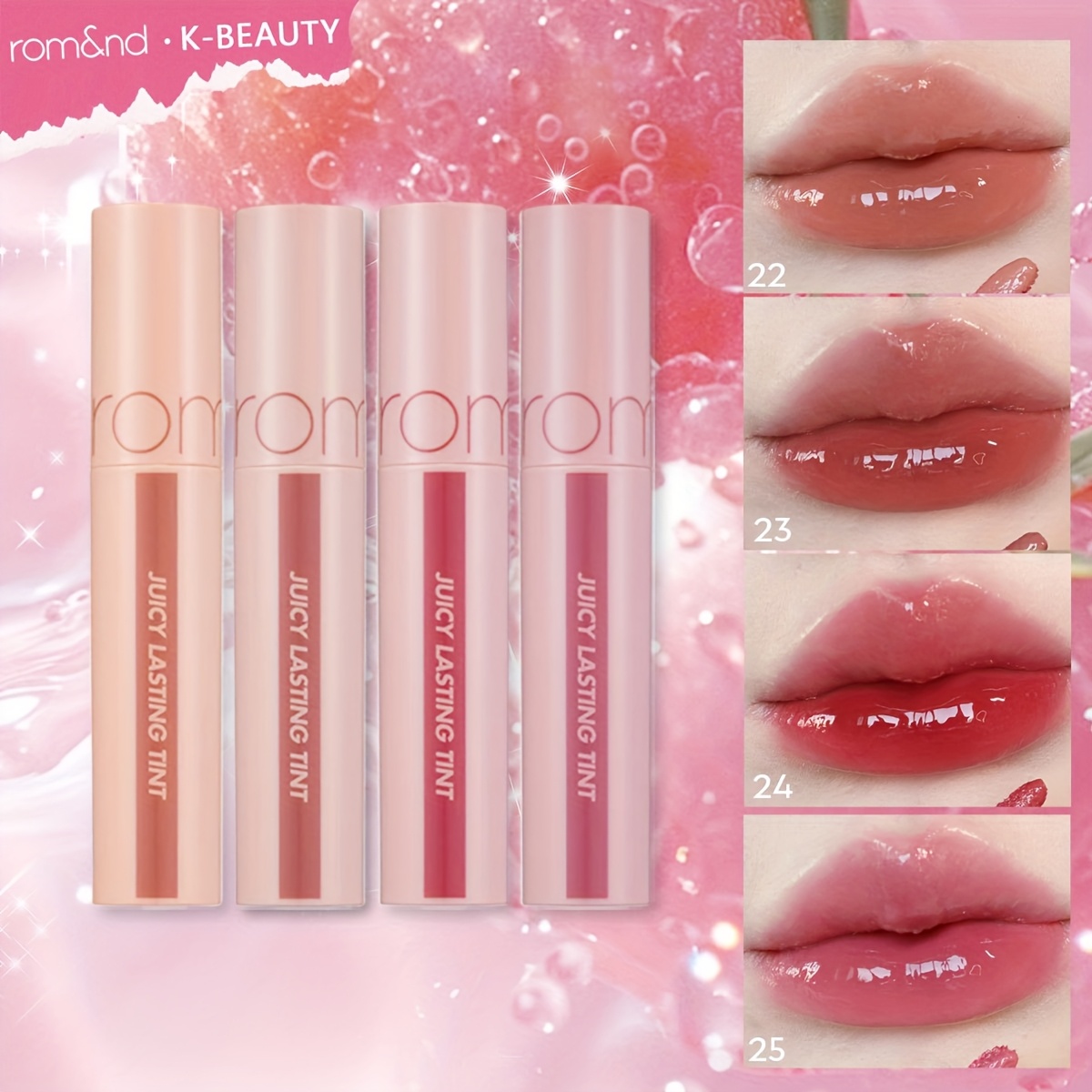 Rom&Nd Juicy Lasting Tint Offers Vibrant Shades, a Soft Glassy Finish, Enduring Wear, a My-Lips-But-Better Effect, Hydration, Rich Pigmentation, And a Fresh, Natural Look for Everyday Use, Embodying K-Beauty And Korean Makeup