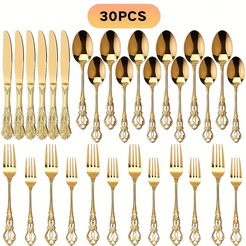 TEMU Vintage Royal Cutlery Collection, 30/60pcs Set For 6, Durable Stainless Steel Utensils, Includes Forks, Spoons, And Knives, Safe For Dishwasher Use
