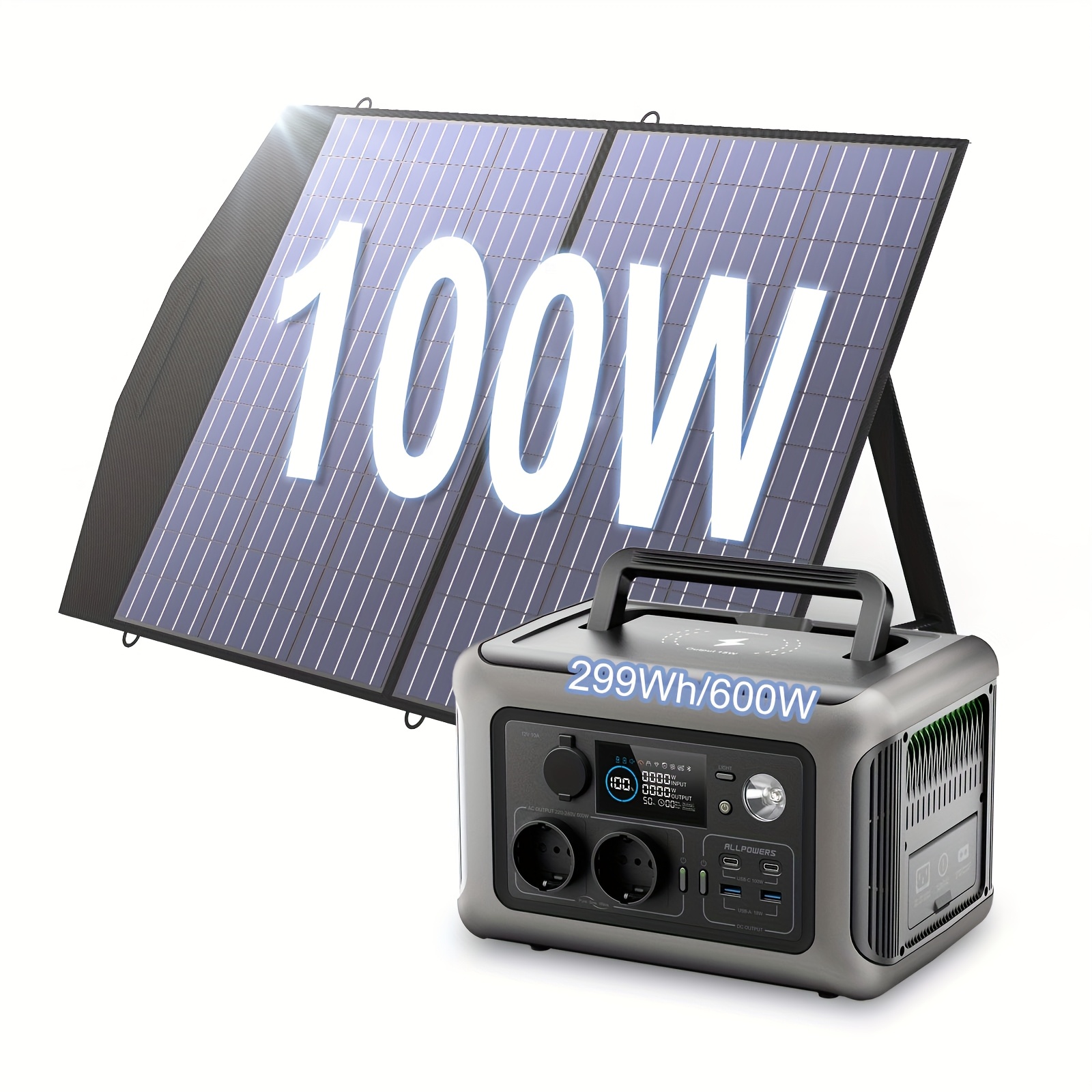   Tragbare   mit Solarpanel inklusive, 600W 299Wh LiFePO4 Solargenerator mit 100W Solarladegerät, UPS-Batterie-Backup, MPPT für Camping, Wohnmobile und Zuhause