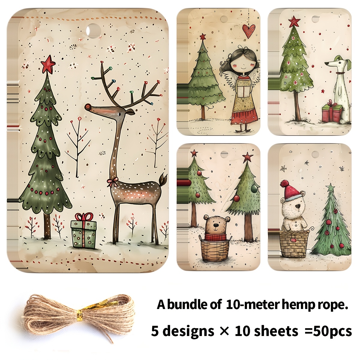TEMU Lot de 50 Étiquettes Cadeaux de Noël avec Ficelle - Étiquettes Suspendues Vintage et Ours, Étiquettes en Papier Style Livre de avec Queues en