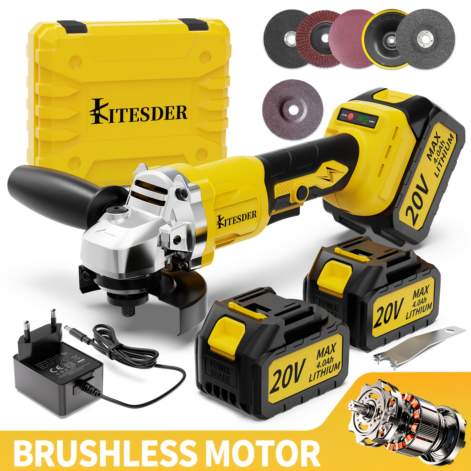 Image of Multi-specification Cordless Brushless Angle Grinder Tool Kit With Battery & Charger, 9000/11000 Rpm Electric Polisher For Home Renovation, Heavy Duty Power Tool For