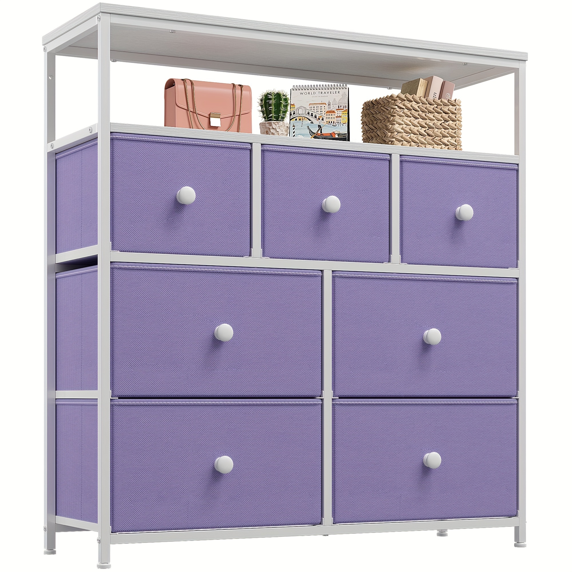 

Purple Dresser For Bedroom With 7 Drawers And 2 Shelves, Tv Stand Dresser With Wooden Top And Metal Frame, Tall Dressers & Chest Of Drawers For Bedroom, Closets, Lavender