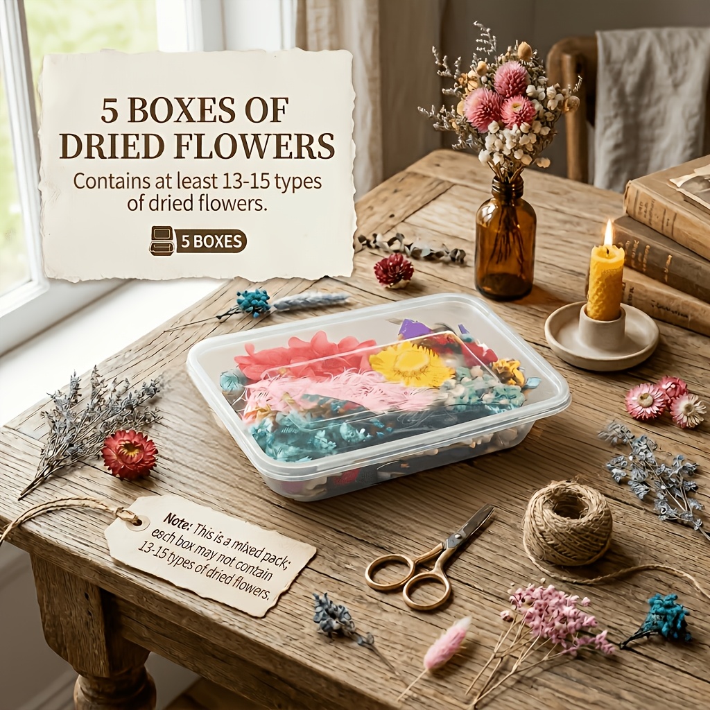 TEMU 5 Boxes Random Colored Dried Flowers, Natural Real Dry Flower Petals Kit For Diy Scented Candle Making, Resin Jewelry, Epoxy Crafts, Greeting