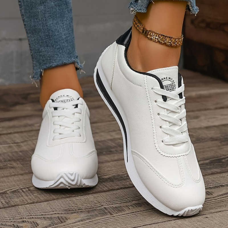 

Elegant Women's Sneakers - Fashionable Lace-up Sneakers With Non-slip , Comfortable Fabric Insole, And Stylish Leather Upper For Casual Attire, Sneakers|sleek |comfortable Insole