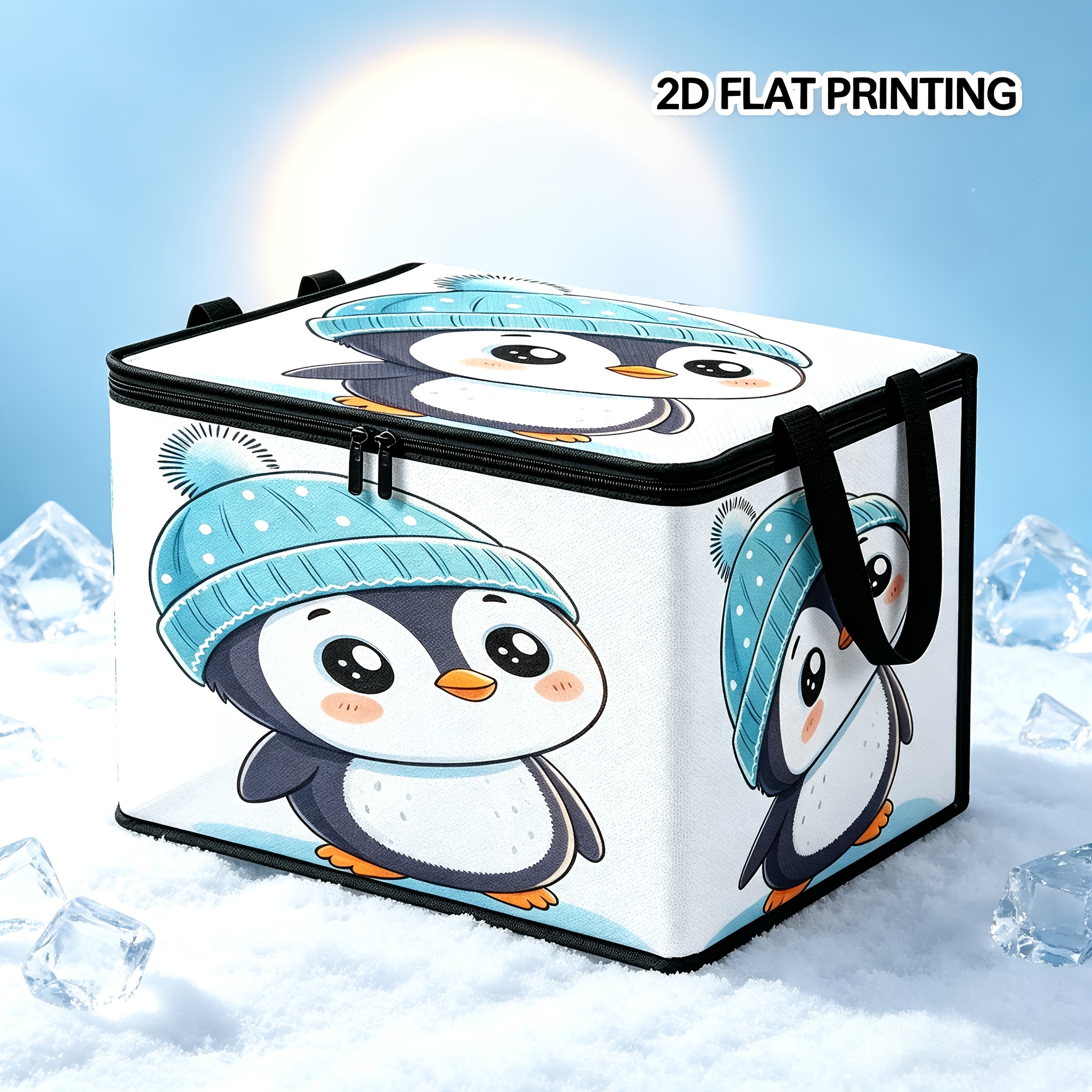 TEMU 2d Flat Printing, 1pc Cute Winter Penguin Pattern Storage Box With Lid, Large Foldable With Handle, Cartoon Penguin Printed Fabric Cube, Vivid