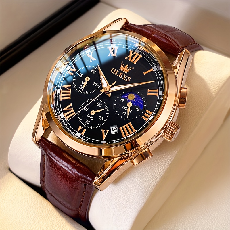 Olevs Multifunctional Watches For Men Casual Dress Quartz Faux Leather Chronograph Moon Phase Roman Luminous Date Classic Men's Wristwatches Men's Watch
