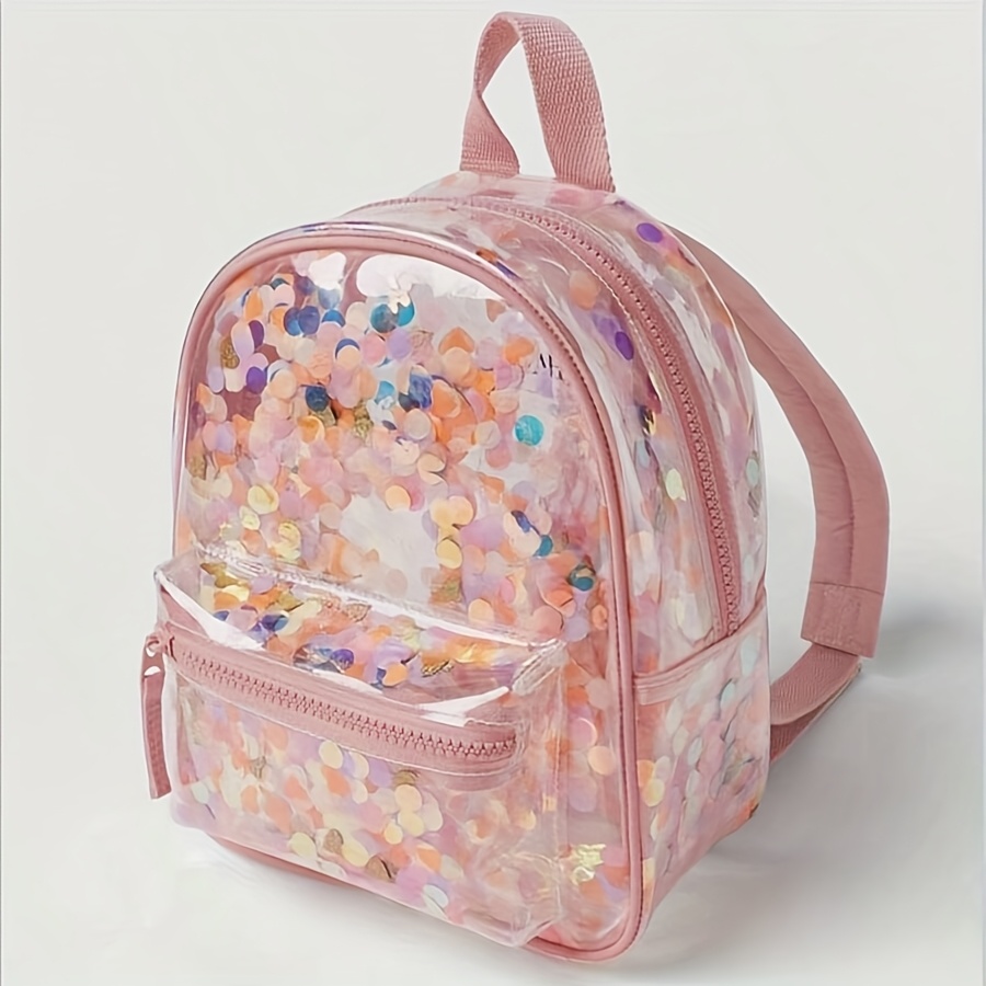 

1pc Sucojrff Pink Polka Dot Sequin Eva Clear Backpack For Women, Casual Transparent Travel Daypack With Fixed Shoulder Straps And Zipper Closure, Unlined Mini Bookbag Gift