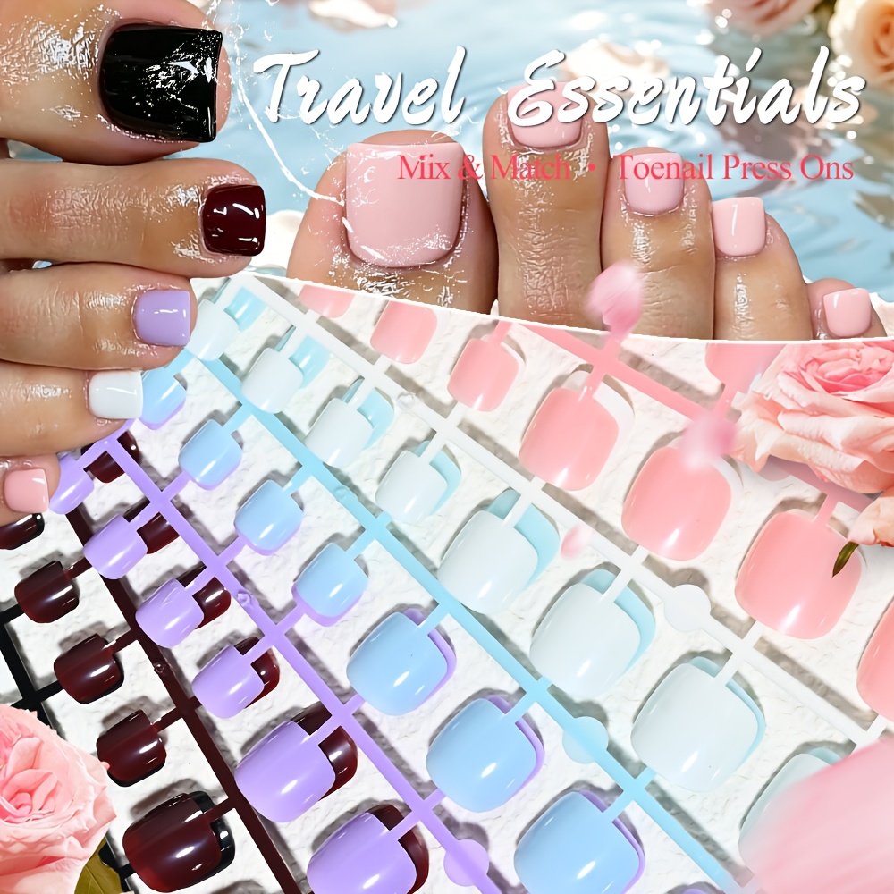 TEMU 145pcs (144 Toe Nail Tips + 1 Storage Bag), Portable Travel False Toe Nails, In 6 Colors, White/pink/blue/purple/burgundy And Black, Ideal To