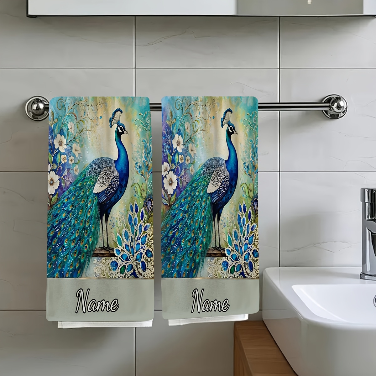 TEMU 2pcs, A Peacock Standing Against A Background Of White Flowers And Intricate Floral Patterns. A Travel , Customizable With Text, Personalized
