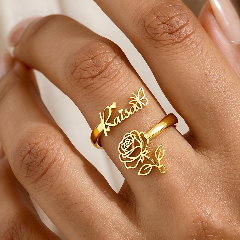 TEMU Custom Name Rose , Stainless Steel Hollow Finger Ring, Birthday Party Atmosphere Accessory, Luxury Minimalist Floral Couple Memorial Accessory,
