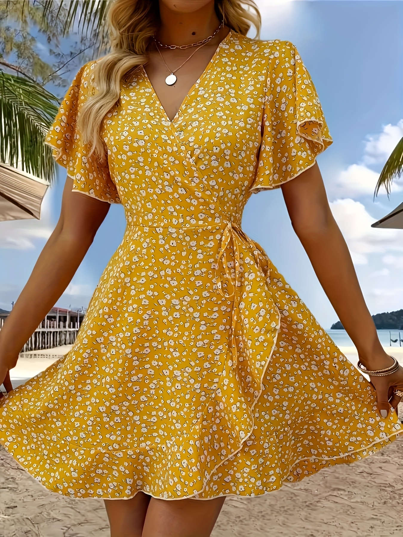 women's elegant v neck floral print dress mustard yellow Temu