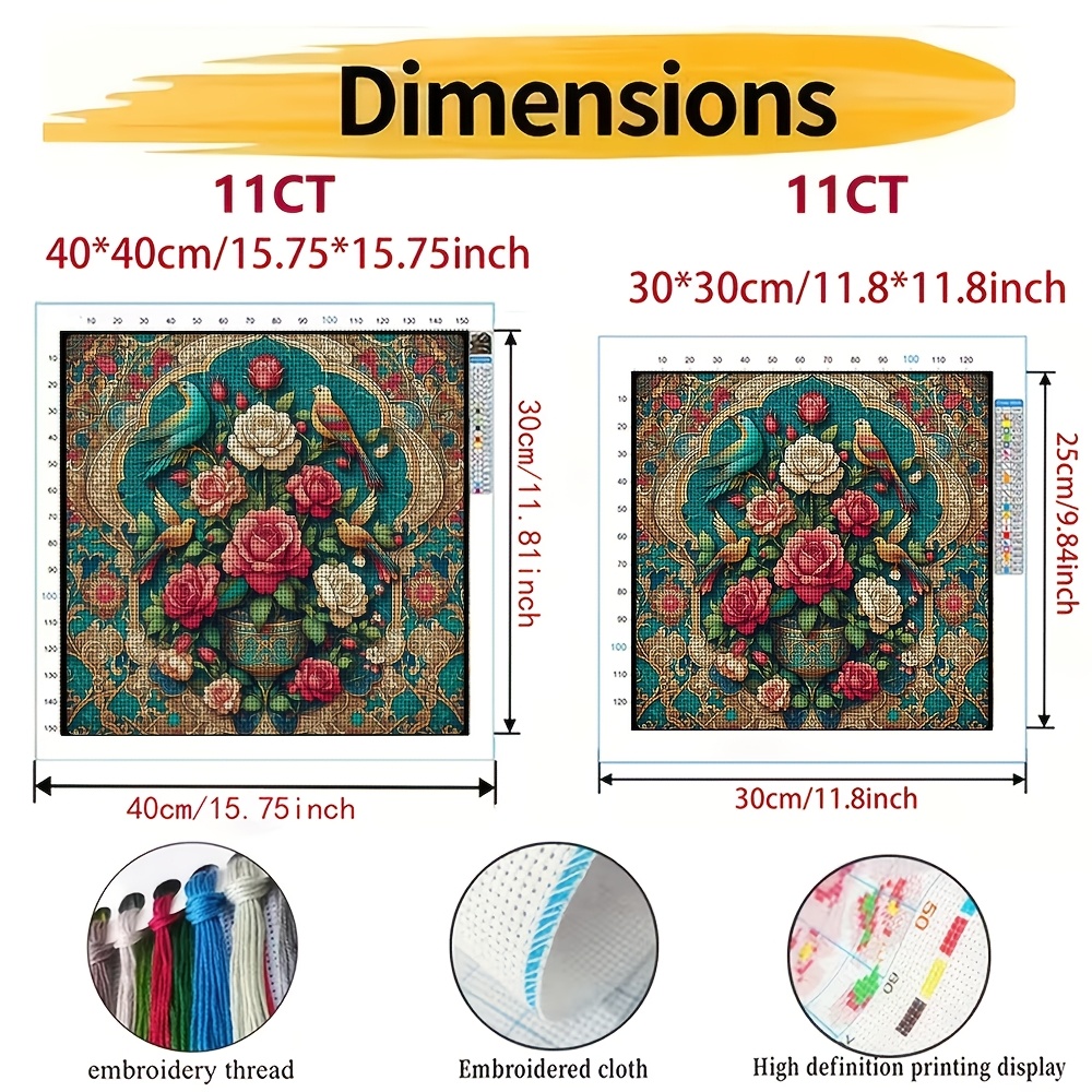 Style Vase with Roses and Colorful Birds Pattern Cross-Stitch Kit