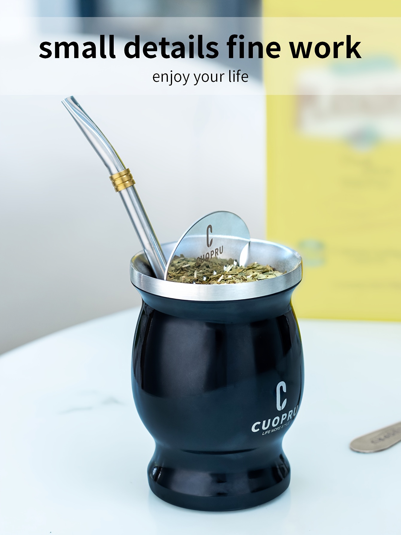 1pc, Yerba Mate Cup Set (Authentic Traditional Mate Cup - 8 Ounces), 8Oz Comes with Yerba Mate Straw, Cleaning Brush, Yerba Mate Divider & Tea Picker, Stainless Steel Double Wall Gourd Yerba Mate Cup Ideal for Both for cold And Hot Beverages