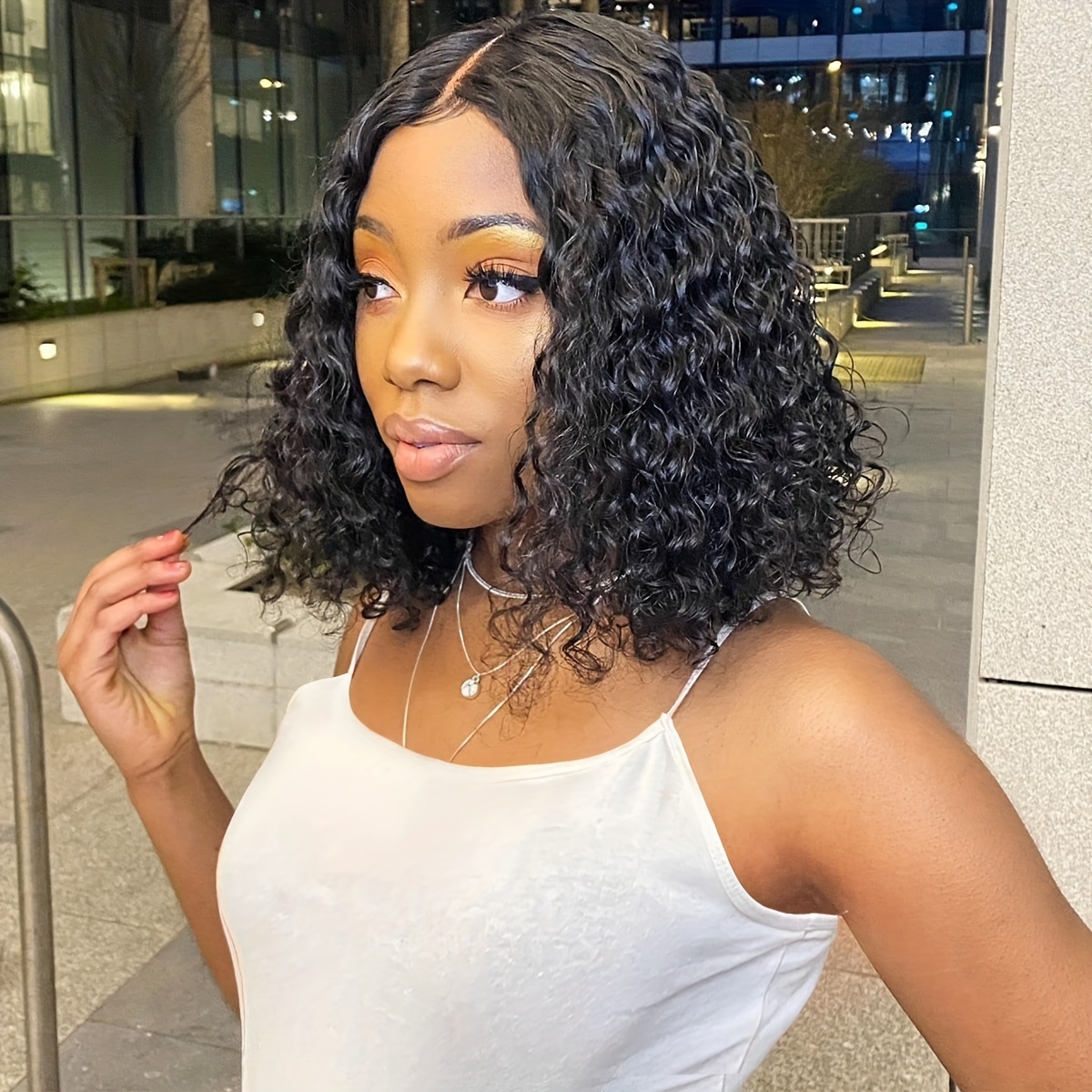 V Part Bob Water Wave Wig 100 Human Hair No Leave Out Glueless Upgraded U Part Curly Wig for Women No Glue No Sew in V Shape Clip in Half Wig 150 Density Natural Black Color