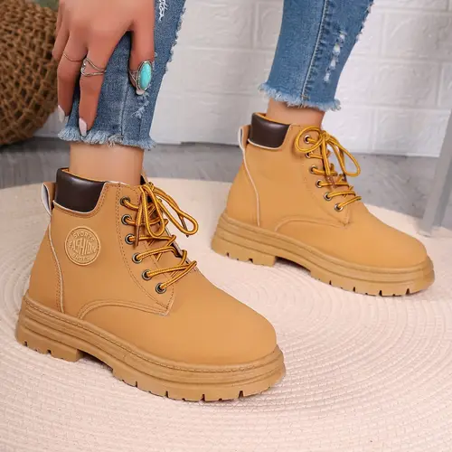 여성용 단색 스타일리시 부츠, 레이스업 플랫폼 부드러운 밑창 워킹 부츠, 편안한 라운드 투 첼시 부츠