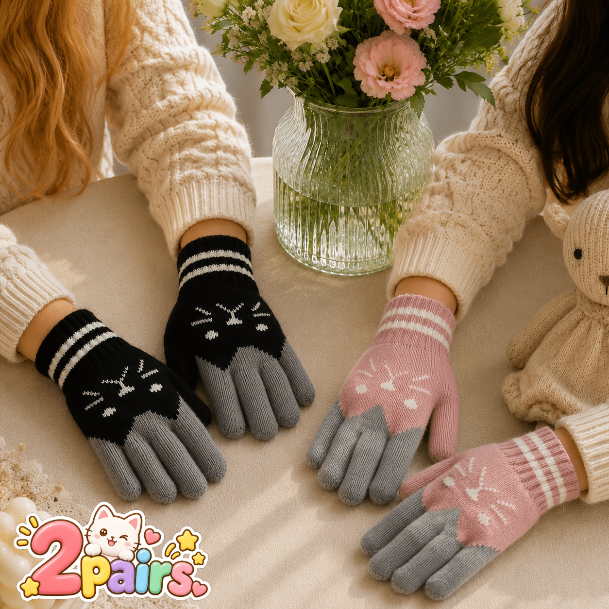 TEMU 2 Paires de Gants Chauds, Design Tête de Chat, Doigts , Élastique Tout-Doigt, Gants Chauds Anti-Froid Tendance, Gants Chauds, Vêtements de Sport