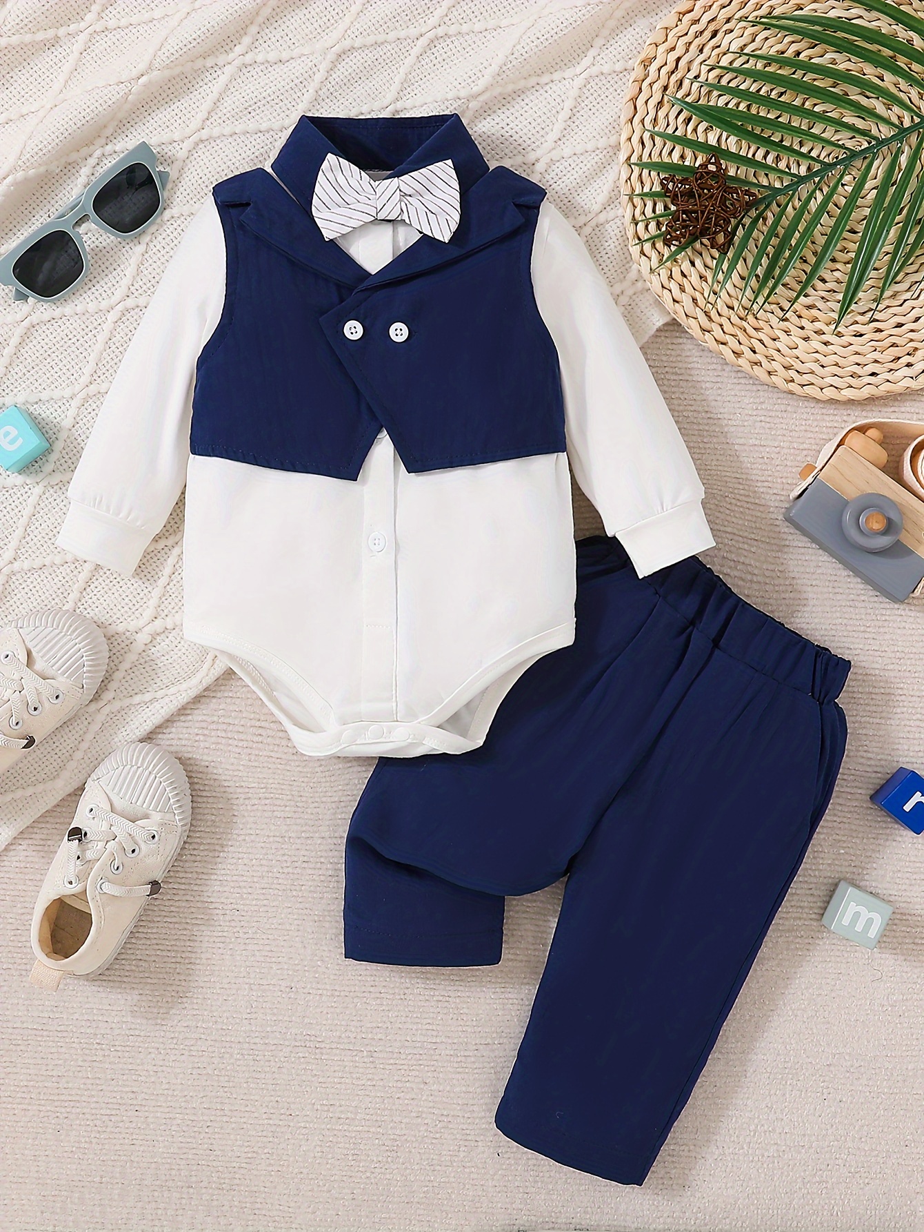 2pcs Toddler Boy Preppy style Faux-two Lapel Collar Bow tie Design Long-sleeve Shirt and Plaid Pants Set