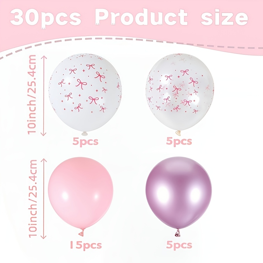TEMU 30 Pink Metal Powder And Transparent White Bow Printed Balloons, Cute Balloon Decoration Background, Perfect For Baptismal Parties, Princess