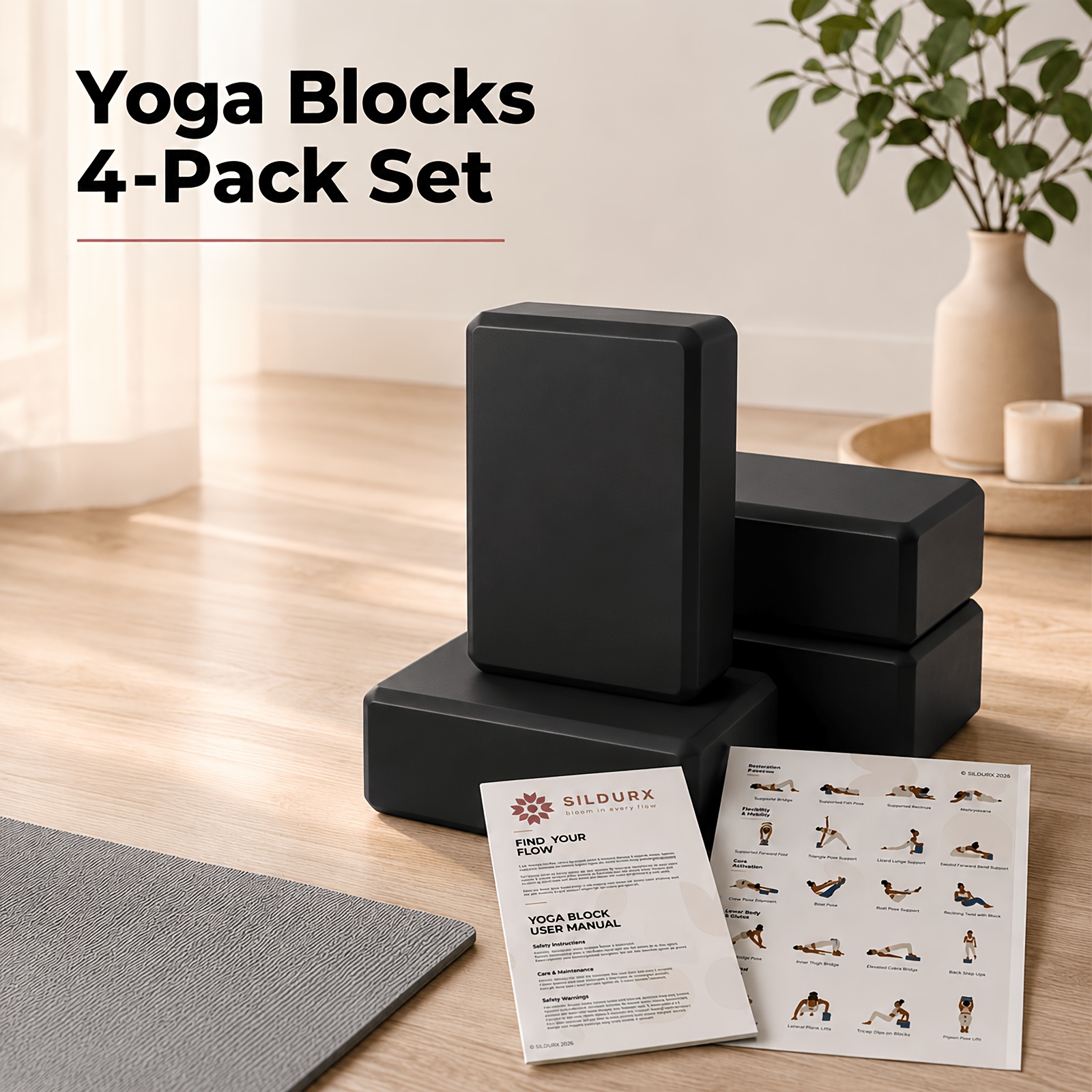 TEMU SILDURX Paquete de 4 Bloques de Yoga Antideslizantes, de Pilates, Bloques de Espuma para Pilates, , Gimnasia, Entrenamiento, Accesorios de