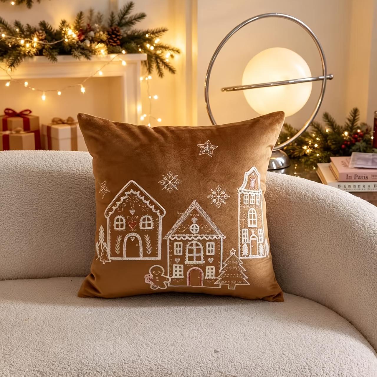 TEMU Autumn/winter Christmas-themed 3d Embroidered Snowflake, House, Gingerbread For Man, And Other Elements Pillowcase, Flannel, 1pc, Home Decor,