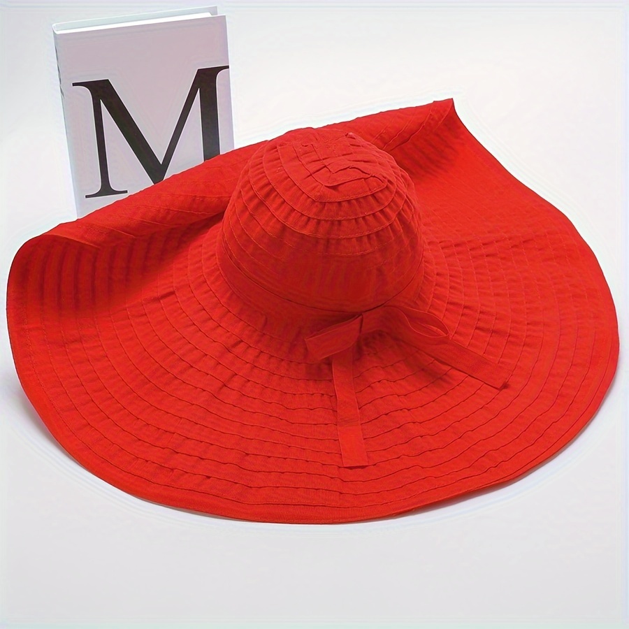 

Summer Foldable Sun Hat Solid Color Oversized Wide Brim Hat Simple Beach Hat With Bow, Suitable For Seaside Holiday