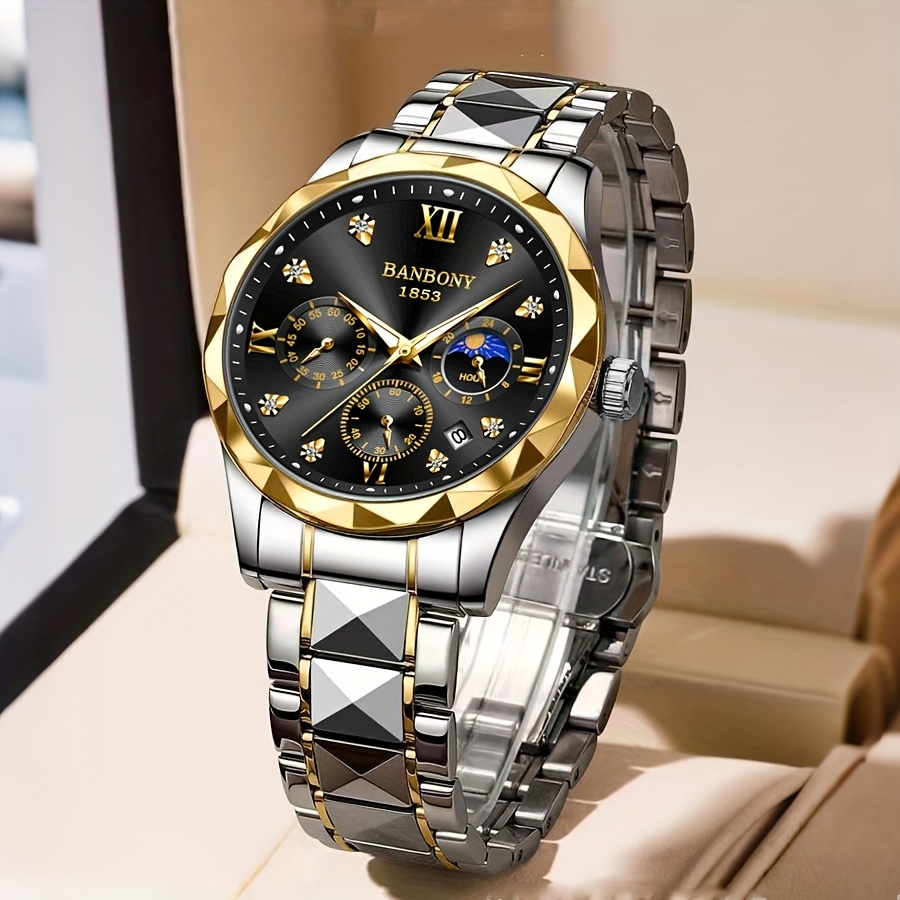 Banbony Men'S Quartz Watch Stainless Steel with Rhinestone Roman Numerals HD Large Dial Waterproof Luminous Display Date Calendar Multi-Function Silent Watch Fashionable Appearance Men'S Luxury Gift for Birthday, Family Gathering, Party