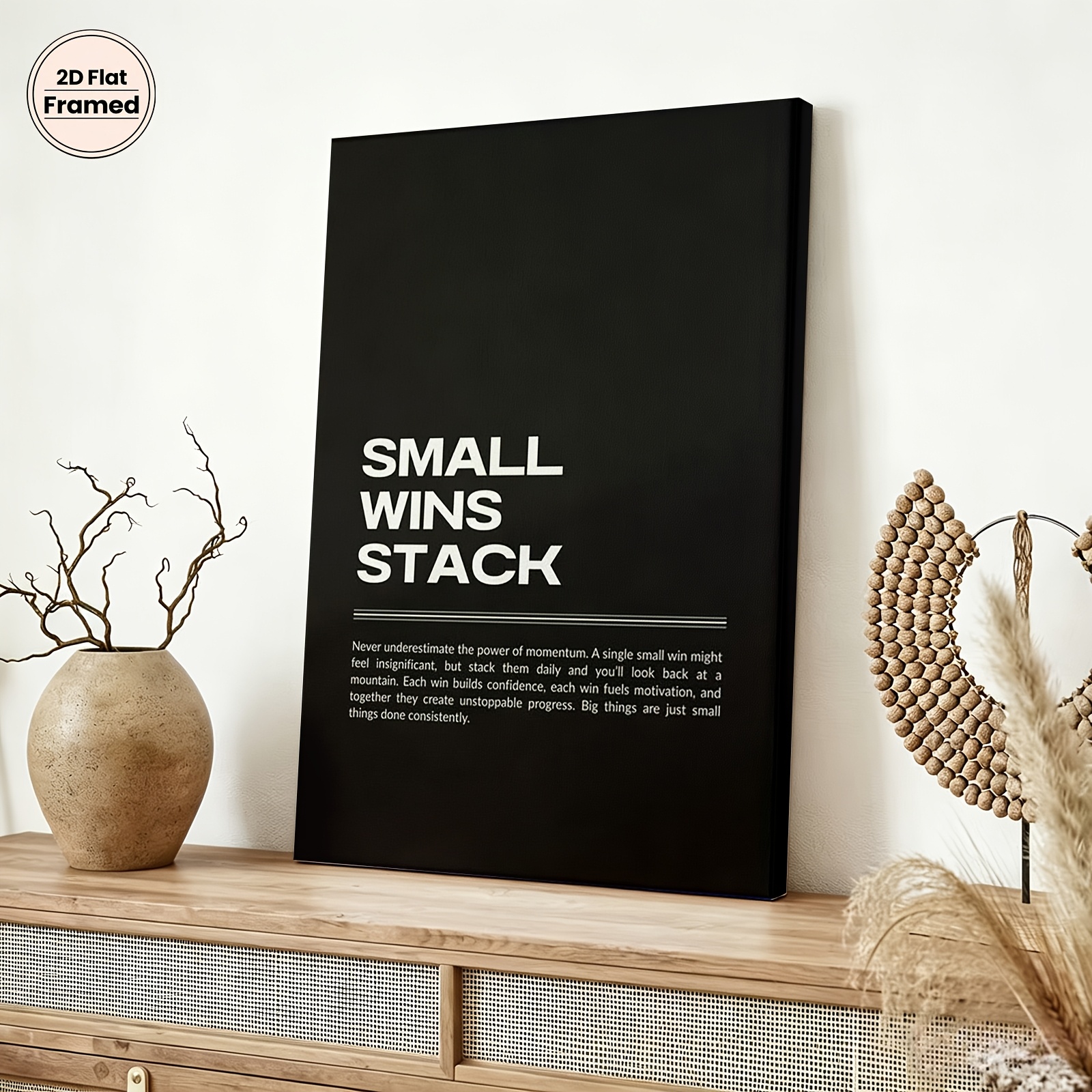TEMU 2d Flat, 1pc 2d Flat Framed Printed Poster Wall Decor Minimalist Black And White Inspirational Quote Art Small Stack Text Design Suitable For