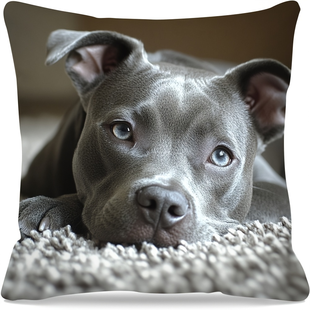 TEMU 1pc Pitbull Relaxation Pillow Cover, Zipper Closure, Single-sided Print, 18x18 Inches, Short Plush Cushion Cover, Machine Washable, Polyester