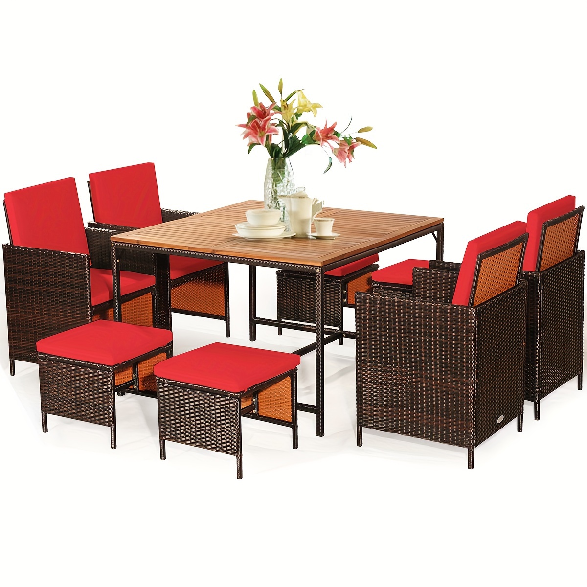 

Costway 9pcs Patio Rattan Dining Set, Cushioned Chairs Ottoman Wood Table Top Red