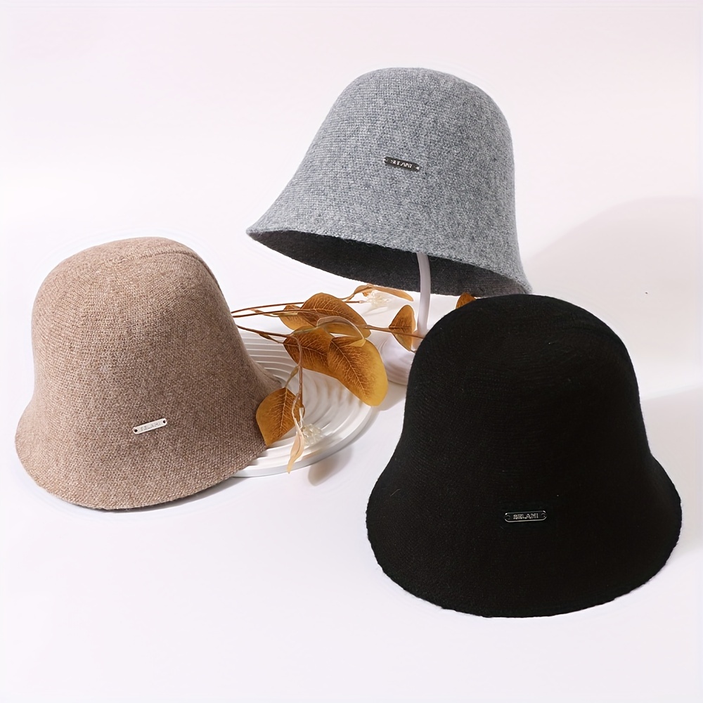 

1pc Women' Monochrome Bucket Hat With Letter Stitching For Autumn And Winter, Shopping And Playing, Face, Hat