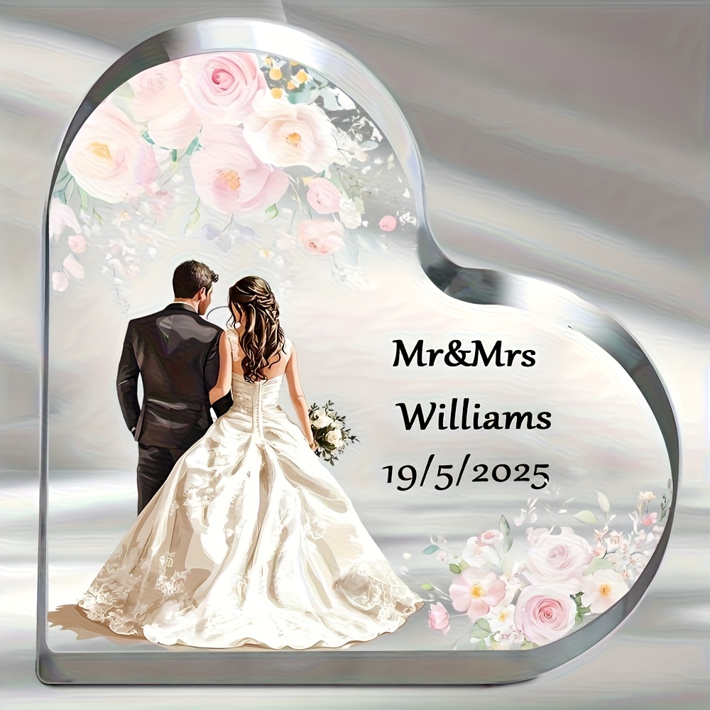 E-shop 2D Flach, personalisiertes herzförmiges Acryl Hochzeitsschild - Benutzerdefinierter Name und , Rosa Rosen Design für Braut und Bräutigam,