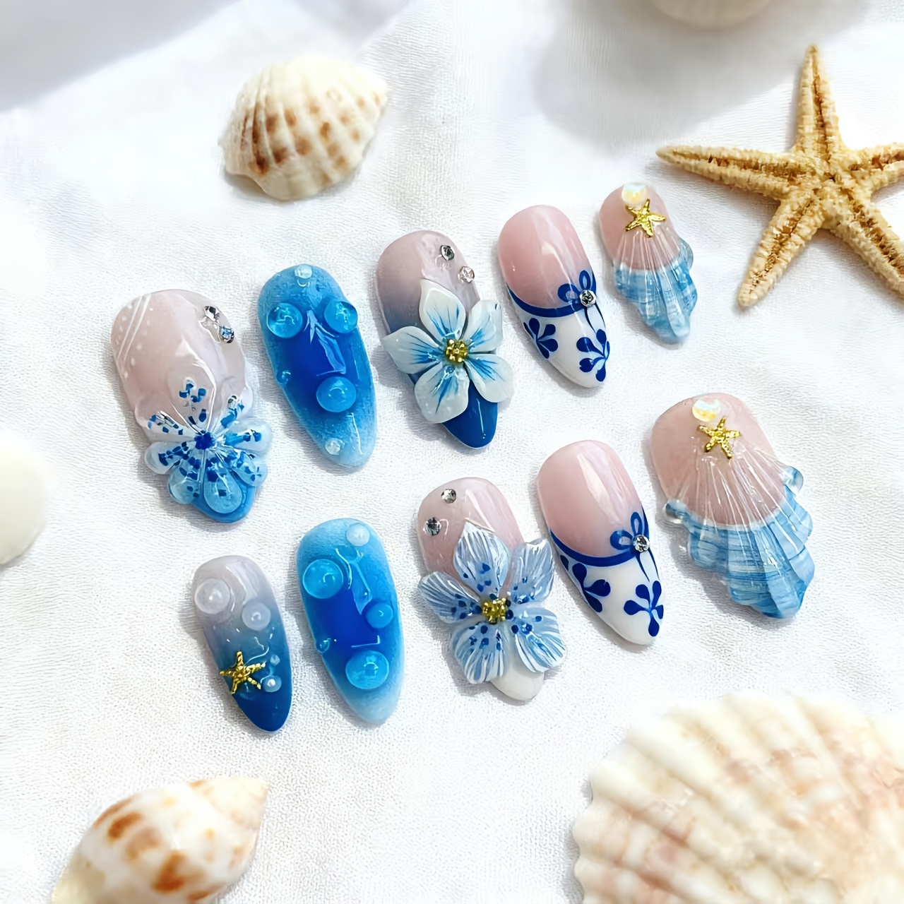 E-shop 10 Stück Medium Mandel Form Press-on-Nägel, Ozean-Stil Seestern Strass Design, Glänzende Vollständige Abdeckung Nagelspitzen Press-on-Nägel,