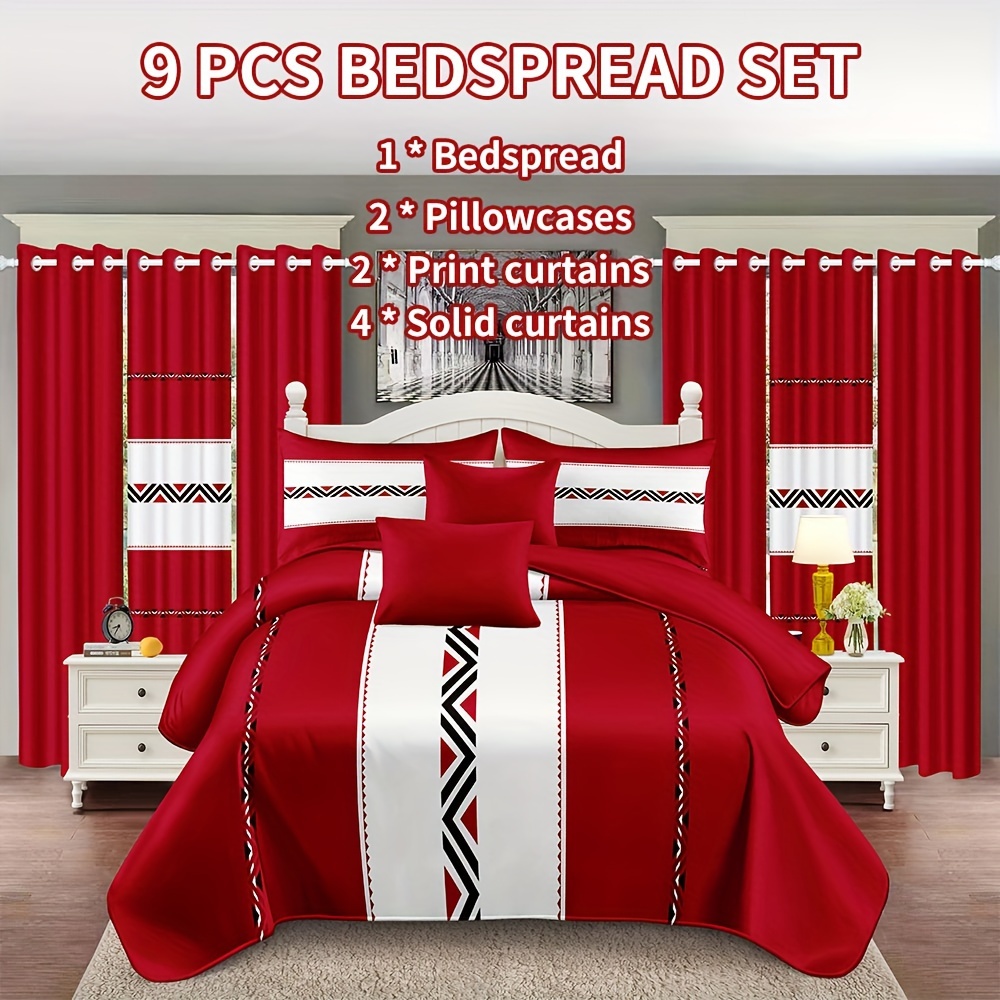 TEMU Red Cal King Size King Size Queen Size 9pcs Embroidered Bedding Including: 1pc Bed Cover, 2pcs Pillowcases, 2 Printed Curtains And 4pcs Solid