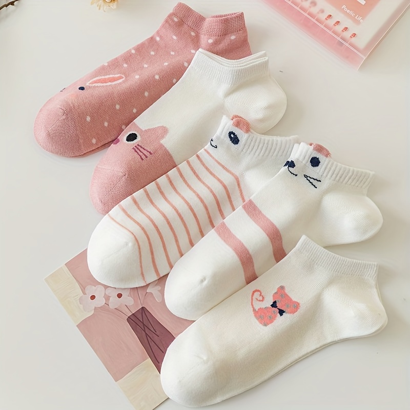 

5 Pairs Lovely Cartoon Cat Pattern Socks, Comfy & Breathable Short Socks, Women's Stockings & Hosiery