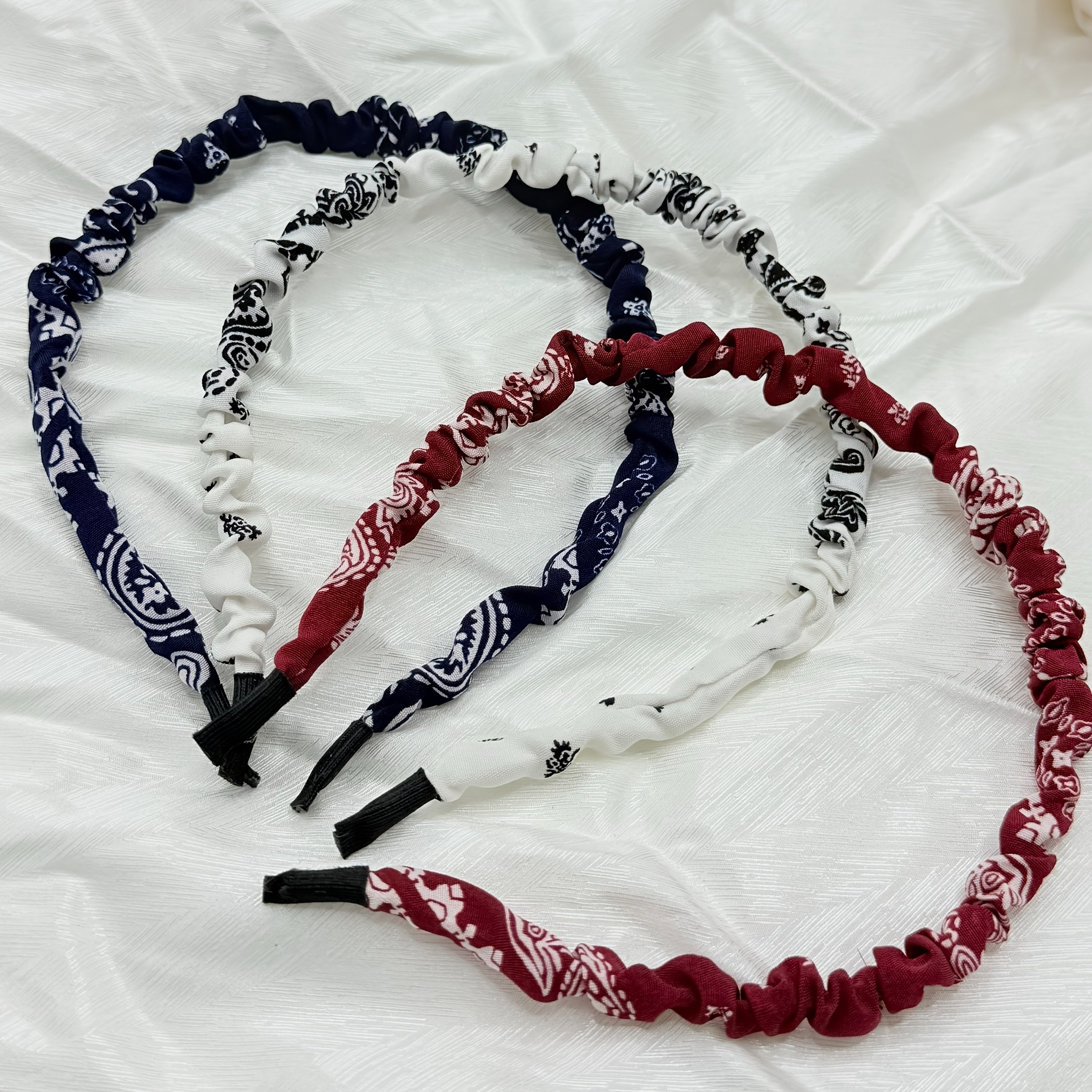 TEMU 3pcs Women's Pleated Paisley Headbands - Slim Hairband Suitable For All , Cute With Paisley Print, Forest-themed Hair For Braids, Ponytails, Buns, Daily Wear & Special Occasions