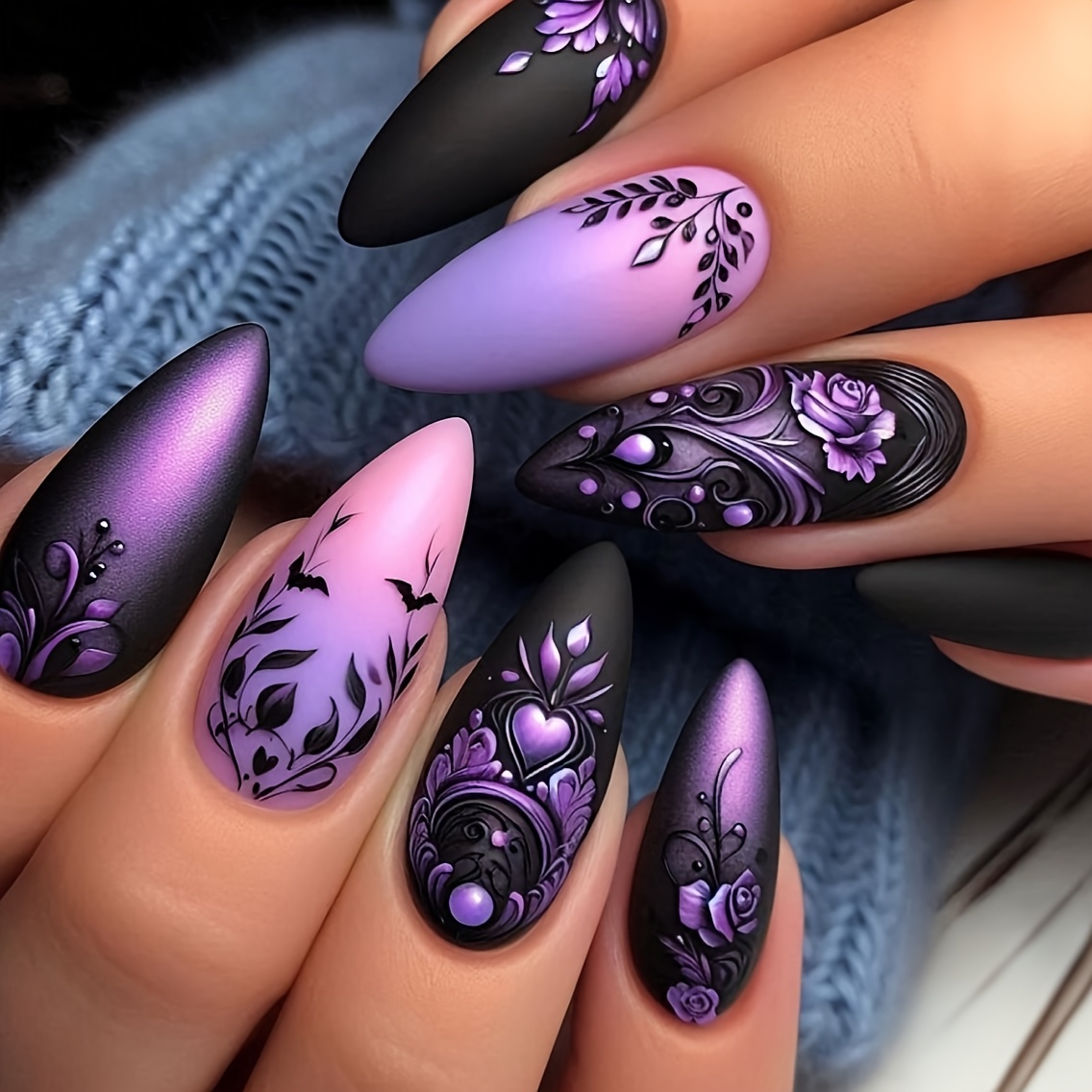 Yueye Qimeng Black And Purple Floral Drop Nails 24pcs Removable Nail Art Set