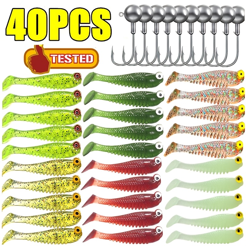 

Kit de 40 Leurres Souples avec Tête de Jig et Crochet, Appât Artificiel en Silicone en de Ver, Leurres Nageurs Pesca pour Bass