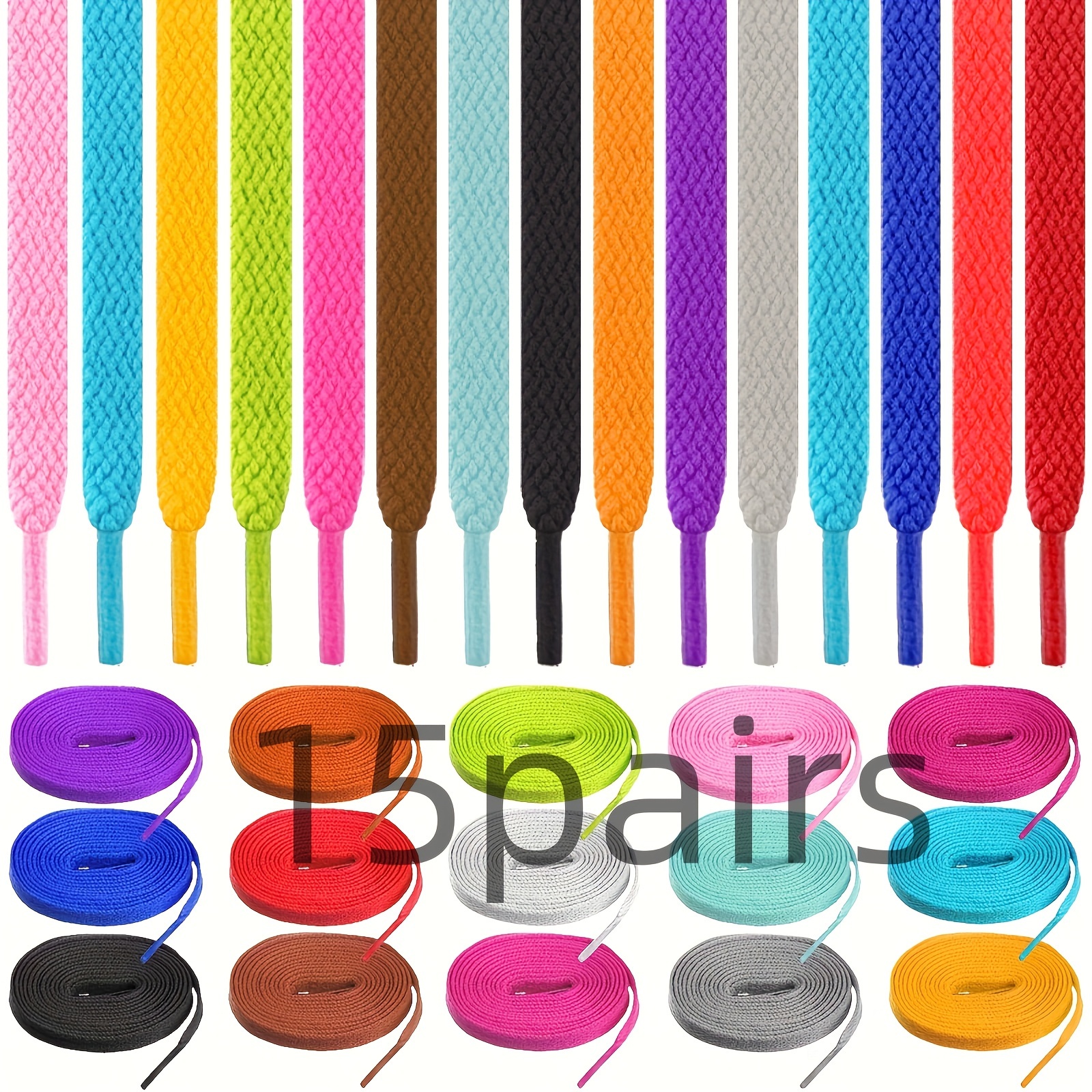 E-shop 15 Paar 47-Zoll (120 cm) flache, bunte Schnürsenkel, geeignet für Sneaker, Skateboardschuhe, Stiefel und Turnschuhe, erhältlich in verschiedenen