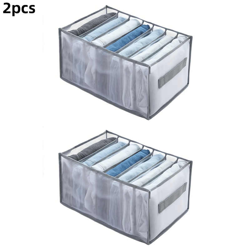 TEMU 2pcs Set Of 7-compartment Premium Fabric Wardrobe Storage Boxes - With Handles, Foldable Drawer Organizer, Transparent Mesh Design, Space-