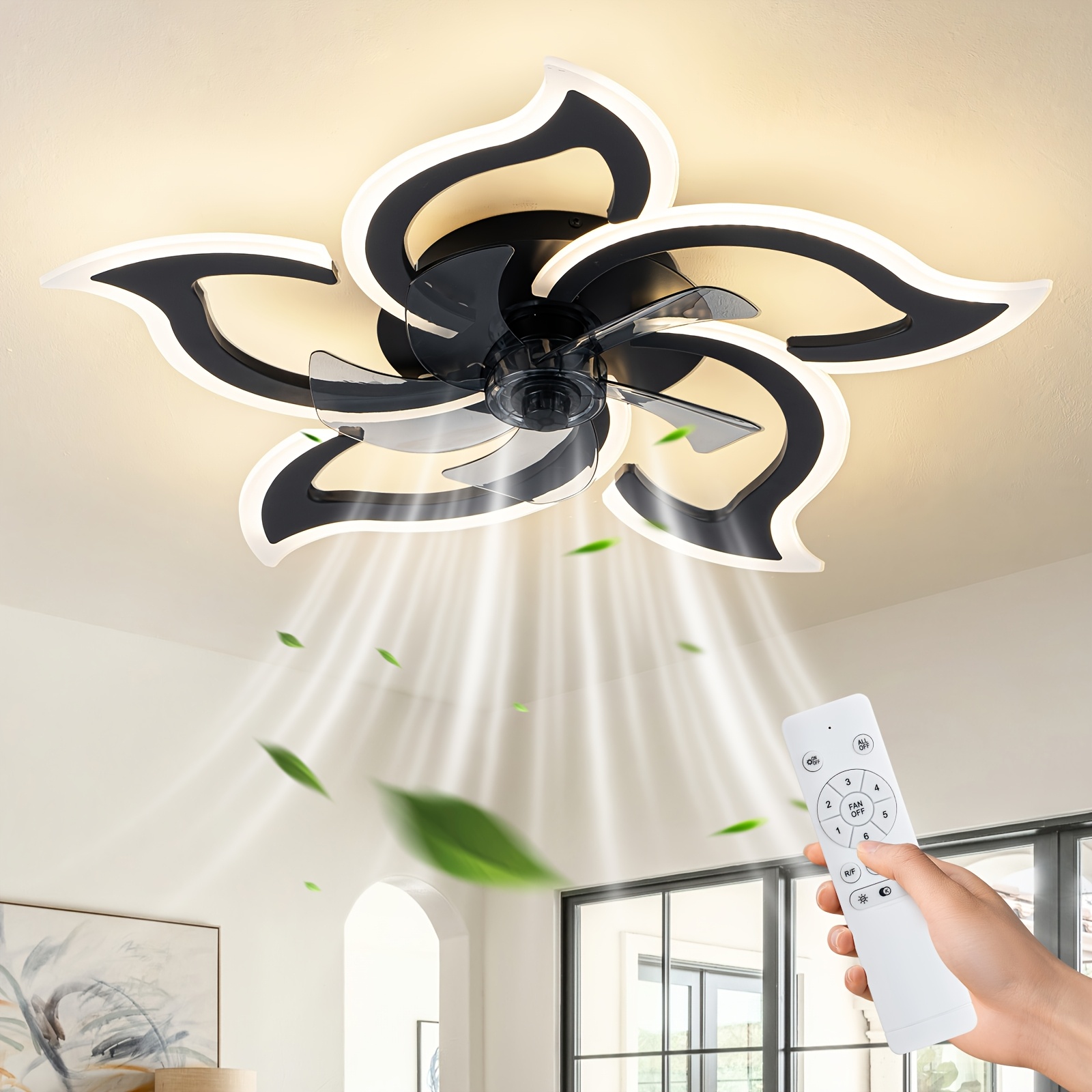 TEMU Ventilateur de plafond 30" avec lumière, ventilateur de plafond à profil bas, montage encastré, 6 vitesses, 3 couleurs à intensité variable,